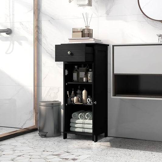 LOKO Bathroom Floor Cabinet, Modern Single Door Storage Cabinet with Drawer & Adjustable Shelves, Corner Narrow Storage Organizer for Living Room, Entryway (Black)