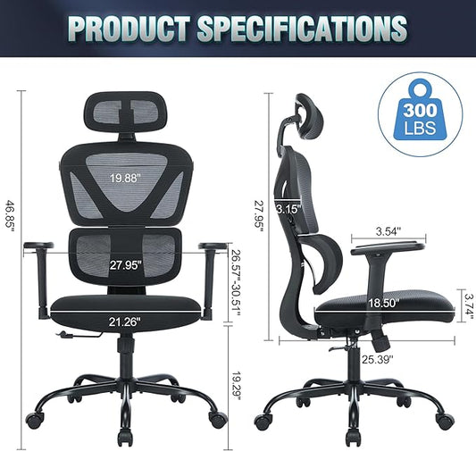 Ergonomic Office Chair with Adjustable Headrest & 3D Armrests, High Back Mesh Desk Chair with Lumbar Support, Reclining Lock 97°-125°, Swivel Computer Task Chair for Home Office, 300 LBS