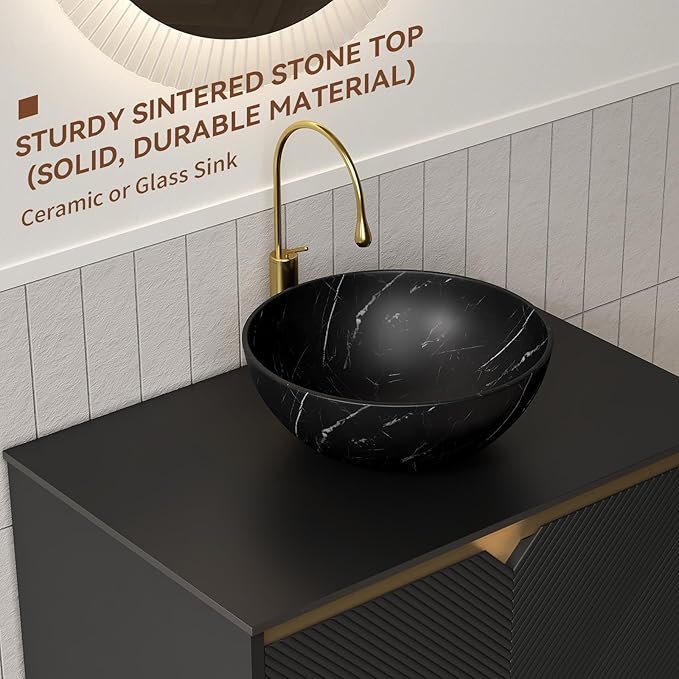 30 Inch Bathroom Vanity with Sink, Floating Fluted Vanity with Vessel Sink, Modern Bathroom Vanity Cabinet with 2 Doors, Bowl Vessel Sink & Sintered Stone Top, Black