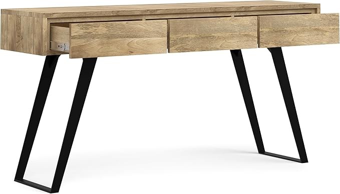 SIMPLIHOME Lowry Console Table - 60 Inch Wide Solid Mango Wood and Metal Sofa Table in Natural, Modern Industrial Storage Table for Entryway or Living Room with 3 Drawers and Angled Metal Legs
