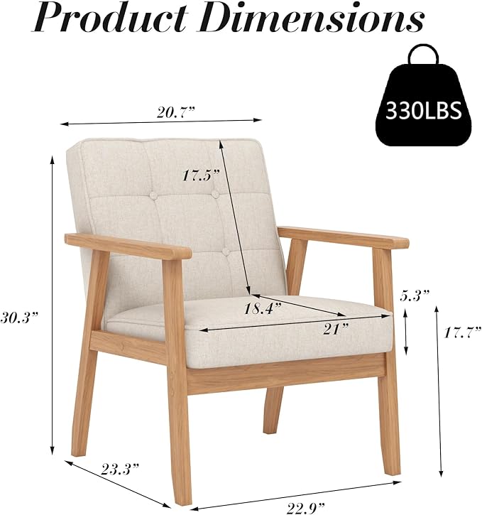 KCC Mid-Century Modern Linen Fabric Accent Chair, Upholstered Tufted Leisure Chair Comfy Reading Side Chair with Armrest and Solid Wood Frame for Living Room Bedroom Balcony(Beige)