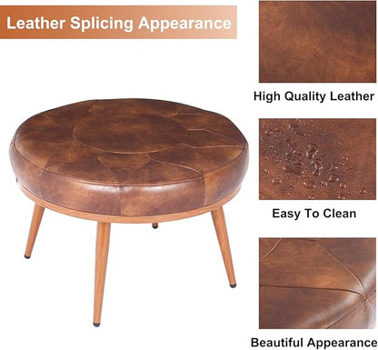 Round Ottoman Coffee Table, 24in Faux Leather Cushioned Footstool Ottoman,Stationary Ottomans, Backless Chair, Footrest for Living Room, Bedroom, Padded Seat, Brown