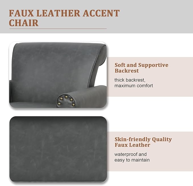 Accent Chair, Mid Century Modern Faux Leather Arm Chair with Wood Leg for Living Room, Bedroom, Comfy PU Leather Club Reading Chairs with Wingback & Nailhead Trim (Leather Black Grey, Set of 1)