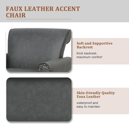 Accent Chair, Mid Century Modern Faux Leather Arm Chair with Wood Leg for Living Room, Bedroom, Comfy PU Leather Club Reading Chairs with Wingback & Nailhead Trim (Leather Black Grey, Set of 2)