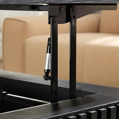 Square Lift-top Coffee Table for Living Room, Fluted Coffee Tables with Hidden Storage, Solid Wood Veneered Modern Tea Center Table for Small Space Apartment (Black-35.43''D×14.57''H)