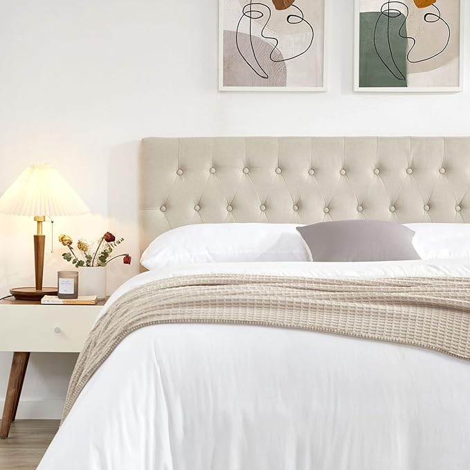 Kingfun Headboards in Modern Button Design, Premium Linen Fabric Upholstered Tufted Bed Headboard, Adjustable Solid Wood Head Board (Beige, Twin)