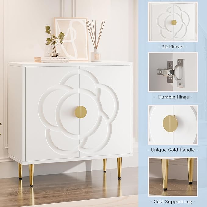 TOLEAD Storage Cabinet, Modern Cabinet with Decorative Flower Pattern Doors, Accent Sideboard Buffet Cabinet for Hallway, Living Room, Kitchen, White