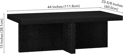 Henn&Hart 44" Fluted Rectangular Wood Pedestal Low-Profile Coffee Table for Living Room, Family Room or Office, Black Grain