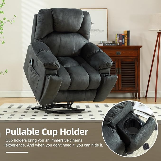 CANMOV Large Power Lift Recliner with Massage and Heat for Elderly, Heavy Duty Lift Recliner for Seniors with USB Port, 2 Hidden Cup Holders (Dark Grey)