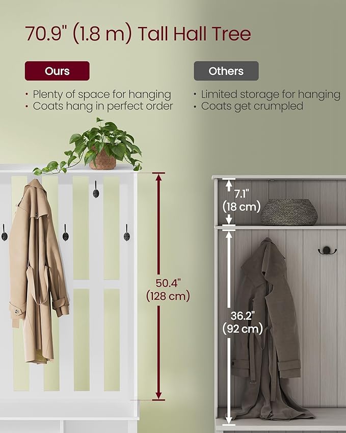 VASAGLE Hall Tree with Bench and Shoe Storage, Coat Rack with Shoe Bench, 7 Double Hooks for Jackets, Hats, Entryway, Bedroom, Living Room, 13.8 x 31.9 x 70.9 Inches, Matte White UHSR414WB01S