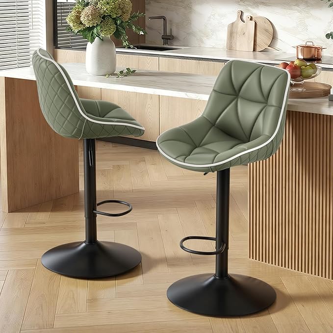 Nalupatio Bar Stools Set of 4, Adjustable Swivel Counter Height Bar Stools with Back, Armless Modern Barstools for Kitchen Island & Home Bar, Upholstered Seat,（Green）
