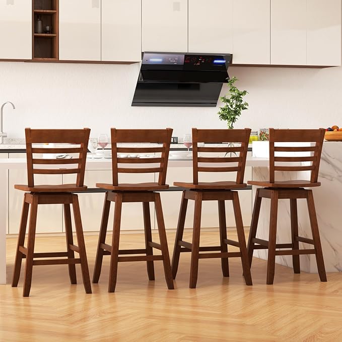 COSTWAY Bar Stools Set of 4, 24.5 Inch Swivel Counter Height Bar Chairs with Hollow Backrest & Contoured Seat, with Footrest for Kitchen Island, Pub, Bistro, Cafe (4, Walnut)