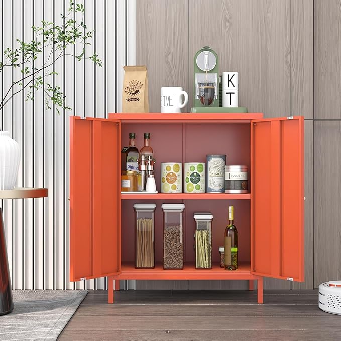 Living Room Cabinets,Orange Lockable Storage Cabinets with Doors and Shelves,2 Door Cabinet with high feet,Modern Metal Locker,Low Side Cupboard for Home,Office,Kitchen,Bathroom,Dining Room