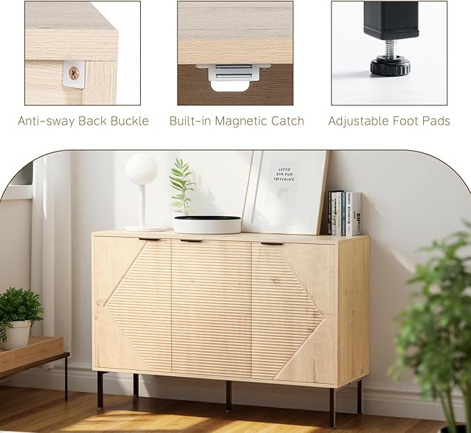 Large Buffet Sideboard Cabinet,45.98" Long Credenza Storage Cabinet,Mid Century Modern Kitchen Pantry Storage Cupboard Cabinets with 3 Doors and Shelves,Fluted Entryway Cabinets for Dining Room