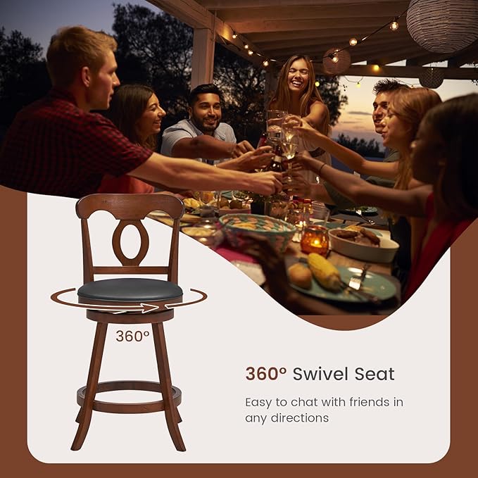 COSTWAY 2 PCS Bar Stools, 24 Inch Swivel Counter Height Chairs with Ergonomic Back & Footrest, Vintage Wooden Barstool Set for Kitchen Island, Pub, Bistro, Café, Espresso (4, 24 Inch)