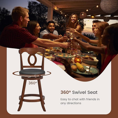 COSTWAY Bar Stools Set of 2, 24 Inch Swivel Counter Height Chairs with Ergonomic Back & Footrest, Vintage Wooden Barstool Set for Kitchen Island, Pub, Bistro, Café, Espresso (2, 24 Inch)
