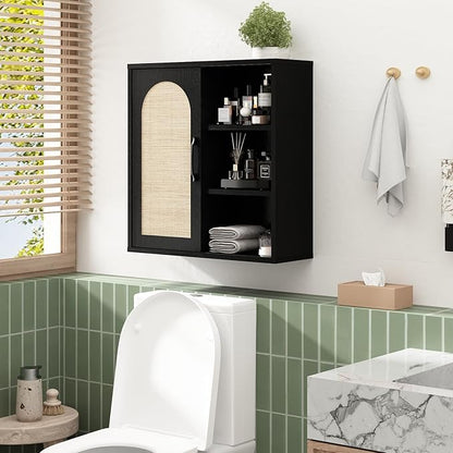 RUSTOWN Boho Rattan Wall Cabinet, Midcentury Bathroom Cabinet with Sliding Door, Adjustable Shelves, Over The Toilet Storage Cabinet (Black)