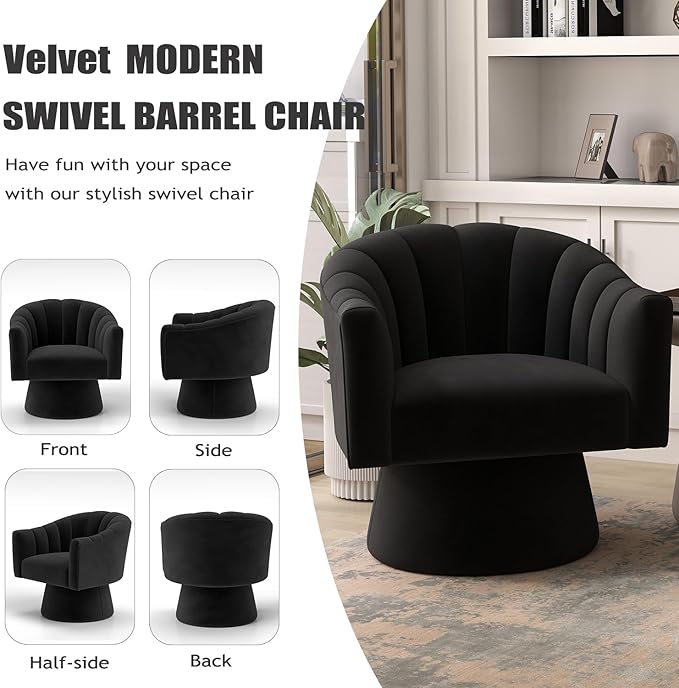 Swivel Accent Chair Set of 2, Upholstered Velvet 360° Swivel Barrel Chair for Living Room Overstuffed Bouncle Reading Chair Round Armchair for Bedroom,Vanity,Office (Black)