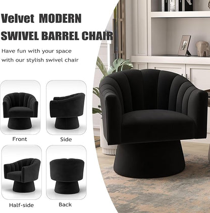 Swivel Accent Chair,Upholstered Velvet 360° Swivel Barrel Chair for Living Room Overstuffed Bouncle Reading Chair Round Armchair for Bedroom,Vanity,Office(Black)