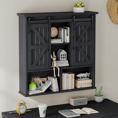 Vabches Bathroom Wall Cabinet, Farmhouse Medicine Cabinet with Double Sliding Barn Door and Adjustable Shelves, Wooden Vintage Storage Cabinet Wall Mounted for Bathroom, Kitchen Dining, Black