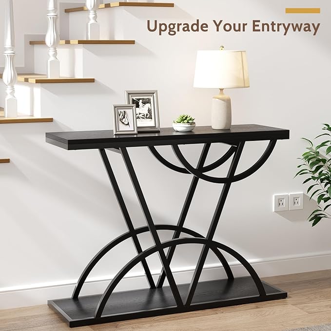 43" Console Table, Industrial Entryway Table with Storage Shelf, Narrow Wood Sofa Table with Metal Frame for Living Room, Hallway, Foyer, Entrance, Black