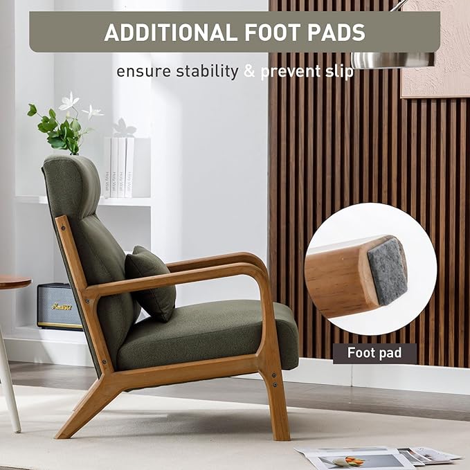 ANJHOME Mid Century Modern High Back Accent Chairs Set of 2, Single Lounge Armchair with Solid Wood Frame, Comfy Reading Chair for Living Room, Easy Assembly