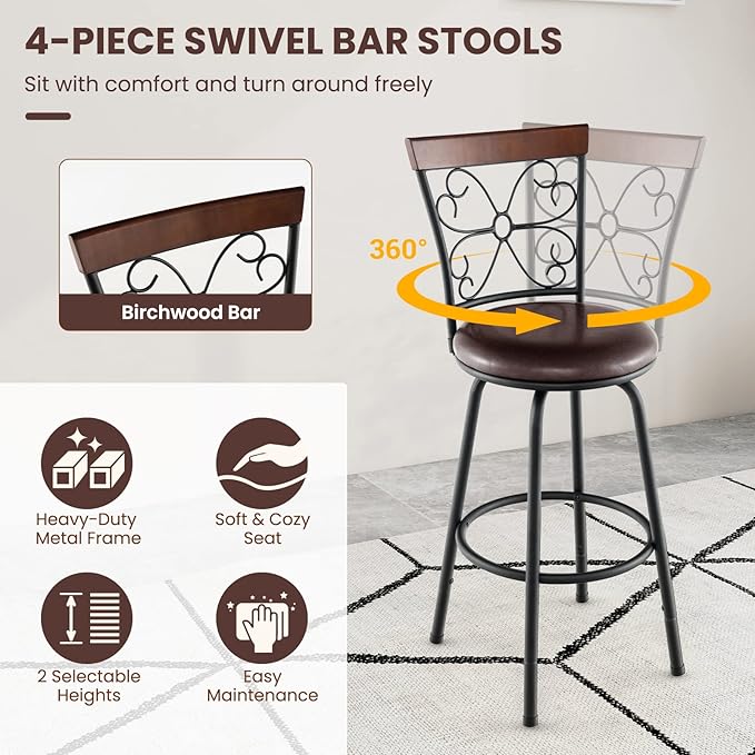 COSTWAY Bar Stools for Kitchen Island, 24/30 Inch Adjustable Seat Height Swivel Barstools Set of 4, Cushioned Seat & Cozy Backrest, Extra Leg Tubes for Height Adjustment, for Kitchen, Bar (4)