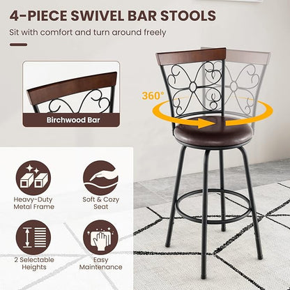 COSTWAY Bar Stools for Kitchen Island, 24/30 Inch Adjustable Seat Height Swivel Barstools Set of 4, Cushioned Seat & Cozy Backrest, Extra Leg Tubes for Height Adjustment, for Kitchen, Bar (4)