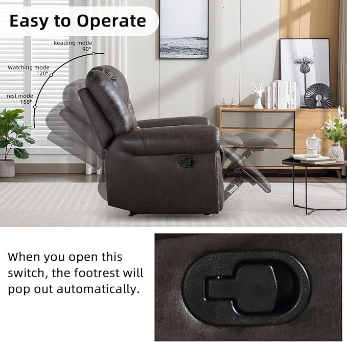 INZOY Leather Recliner Chair, Heavy Duty Manual Reclining Sofa Single Lounge Sofa for Living Room, Home Theater Seating, Dark Grey