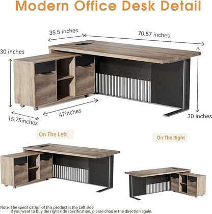 70.87 Inch L Shaped Executive Office Desk with 2 Drawers, Modern Home Office with File Cabinet, Business Furniture W/Stand Under Storage Organizer with 4 Wheels