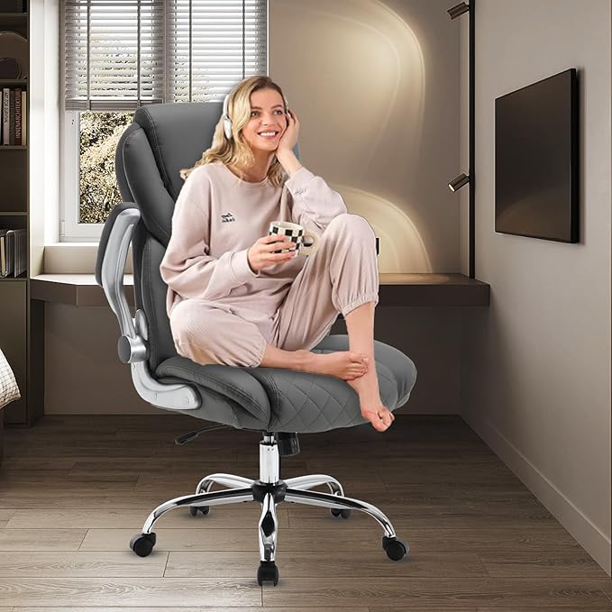 Executive Office Chair, Pu Leather High Back Ergonomic Office Desk Chairs with Wheels, 90-120° Rocking Managerial Chair Home Computer Chairs with Flip-up Armrests and Lumbar Support, Grey