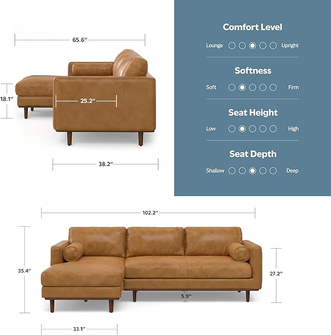 SIMPLIHOME Morrison Left Sectional Sofa in Full-Grain Genuine Leather, Sienna, 102-inches Wide, L-Shaped Leather Couch with Left Chaise for The Living Room and Family Room