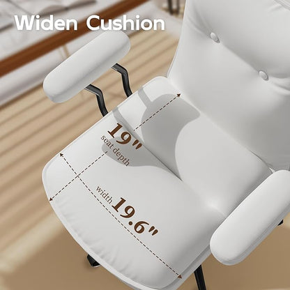White Leather Office Chair with Wheels, Triple-Layers Thicken Wide Seat Height Adjustable, Mid Back, Comfy Desk Chair for Home, Office