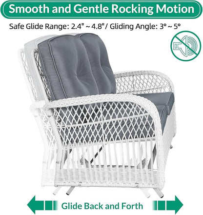 VIVIJASON 4-Piece Outdoor Patio White Wicker Conversation Sets, All Weather Outdoor Rattan Furniture Set Includes Glider Loveseat, Coffee Table, 2 Rocking Chairs with Cushions for Backyard, Grey