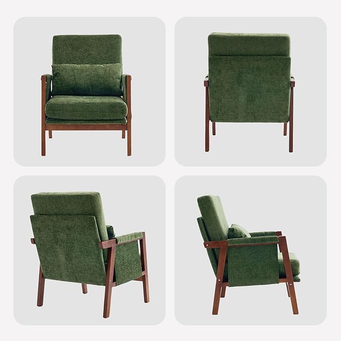 Accent Chair with Wooden, Mid Century Modern Living Room Chairs with Soft Armrest, Reading Pottery Barn Accent Chair, Chenille Armchair, Comfy Side chair with Lumbar Pillow for Lounge, Green