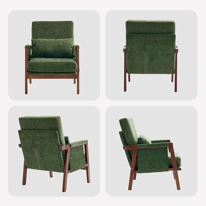 Accent Chair with Wooden, Mid Century Modern Living Room Chairs with Soft Armrest, Reading Pottery Barn Accent Chair, Chenille Armchair, Comfy Side chair with Lumbar Pillow for Lounge, Green