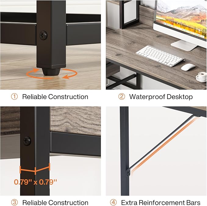 Tribesigns 55 Inch Computer Desk with 2 Drawers and Storage Shelves, Rustic Office Desk with Hutch, Study Writing Gaming Table Laptop Workstation for Home Office (Grey)