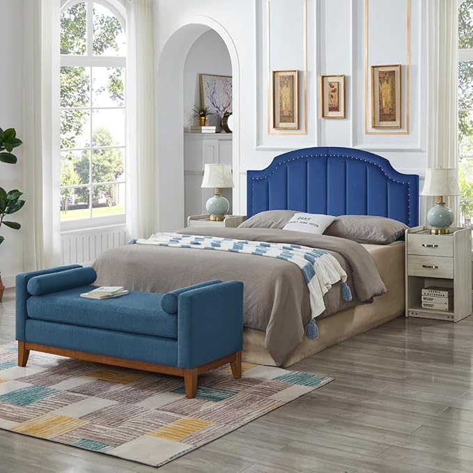 24KF Upholstered Channel Pattern Queen Headboard with Silver Nailhead Trim, Comfy Velvet Headboard Queen/Full, 6052-Q-Navy
