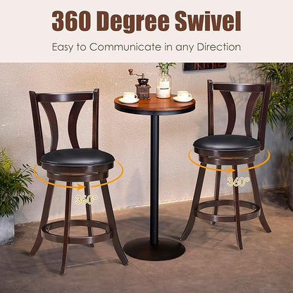 COSTWAY Bar Stools Set of 2, 360-Degree Swivel Stools with Leather Padded Seat, Single Slat Back & Solid Rubber Wood Legs, Counter Height Stools for Pub, Restaurant, Kitchen, Brown (4)