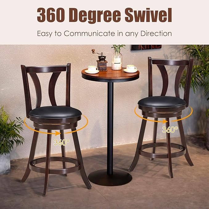 COSTWAY Bar Stools Set of 4, 360-Degree Swivel Stools with Leather Padded Seat, Single Slat Back & Solid Rubber Wood Legs, Counter Height Stools for Pub, Restaurant, Kitchen, Brown (4)