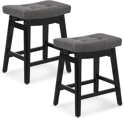 Counter Height Bar Stools Set of 2 for Kitchen Counter Farmhouse Modern Barstools with Faux Leather Upholstered Backless Seat and Solid Wood Legs 24 inch Bar Chairs, Grey + Black