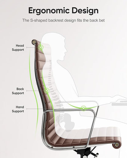 Ribbed Office Chair Top Grain Leather Desk Chair High Back Genuine Leather Swivel Chairs with Aluminum Alloy Arms & Base, with Silent Nylon Wheels, High Adjustable and Tilting Function, Brown