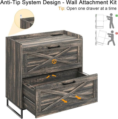 File Cabinet 2 Drawers Lateral File Cabinet with Charging Station for Letter/Legal/A4 Size Hanging Files, Large Wood File Storage Cabinets Printer Stand for Home Office, Dark Rustic Oak