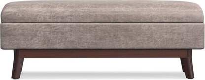 SIMPLIHOME Owen 48 inch Wide Mid Century Modern Rectangle Rectangular Storage Ottoman in Distressed Grey Taupe Vegan Faux Leather, Assembled, for the Living Room, Entryway and Family Room