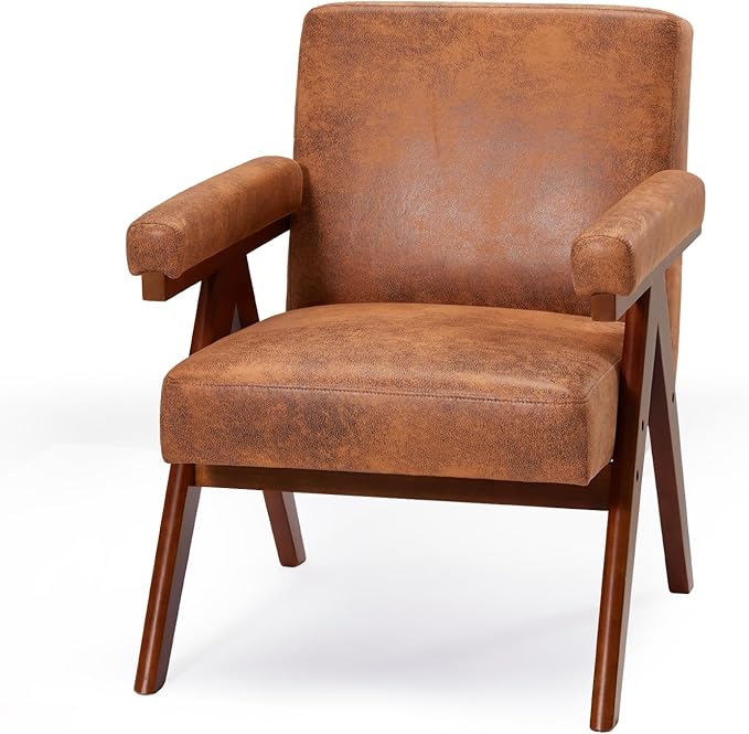 MELLCOM Mid-Century Modern Accent Leather Chair, Comfy Accent Chair with Solid Wood Frame,Upholstered Lounge Arm Chairs with Plump Cushion,Easy Assembly Reading Chair for Living Room,Bedroom,Brown