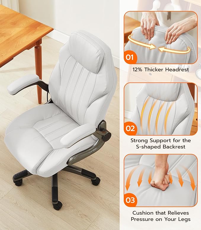 Office Desk Chair, Ergonomic Computer Chair with Padded Flip-Up Arms and Adjustable Lumbar Support, PU Leather Executive Chair with Tilt Lock and 360° Swivel Rolling Wheels for Work, Study