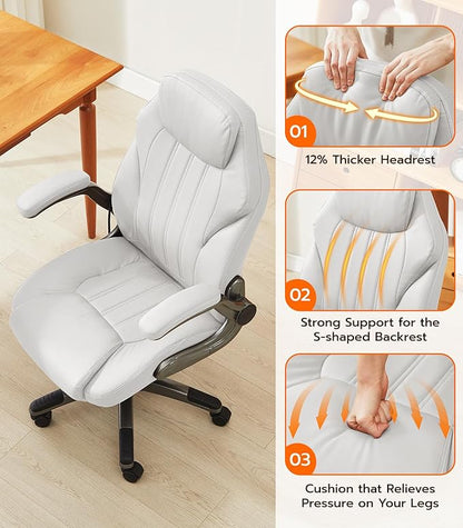 Office Desk Chair, Ergonomic Computer Chair with Padded Flip-Up Arms and Adjustable Lumbar Support, PU Leather Executive Chair with Tilt Lock and 360° Swivel Rolling Wheels for Work, Study