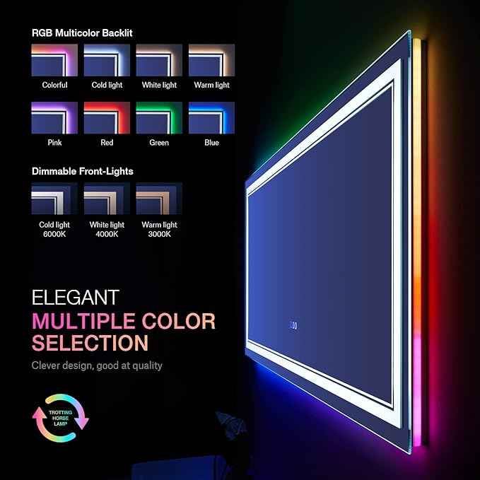 60x36 Inch RGB LED Mirror for Bathroom, RGB Backlit and Front Lighted Bathroom Mirror, Large Dimmable Vanity Mirror with Lights,Anti-Fog, Memory,ETL Listed, Wall Mounted