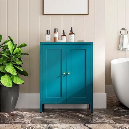 Metal Bathroom Cabinet, Small Floor Storage Cabinet, Freestanding Sideboard with 2 Adjustable Shelves for Living Room, Dinging Room (Blue, 31.5" H-2 Doors)