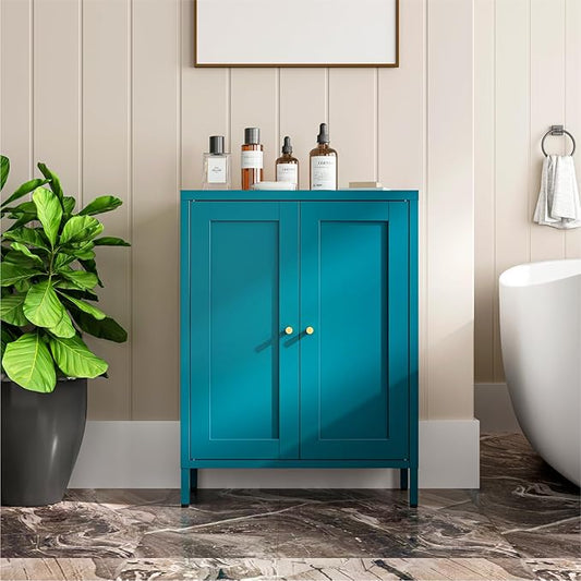 Metal Bathroom Cabinet, Small Floor Storage Cabinet, Freestanding Sideboard with 2 Adjustable Shelves for Living Room, Dinging Room (Blue, 31.5" H-2 Doors)